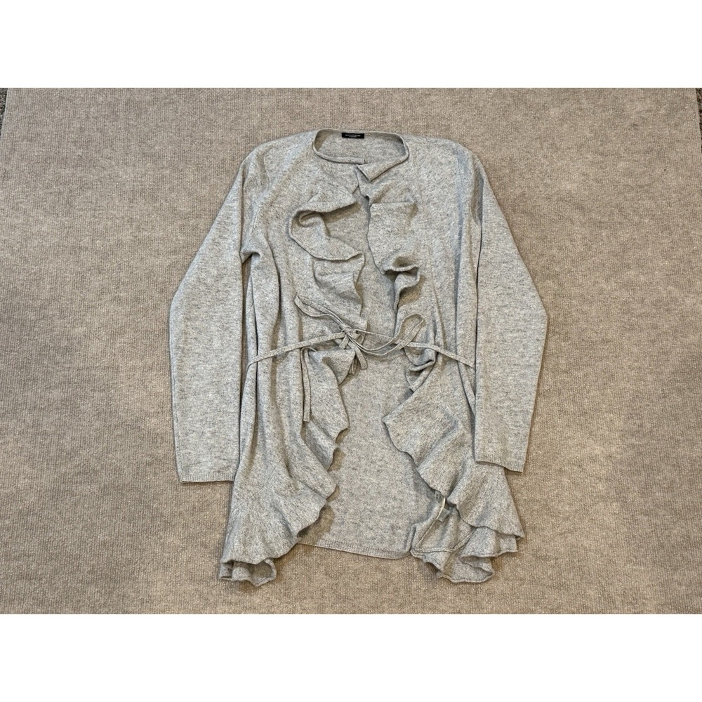 Magaschoni 100% Cashmere Cardigan Womens Large Drape Ruffle Front Gray